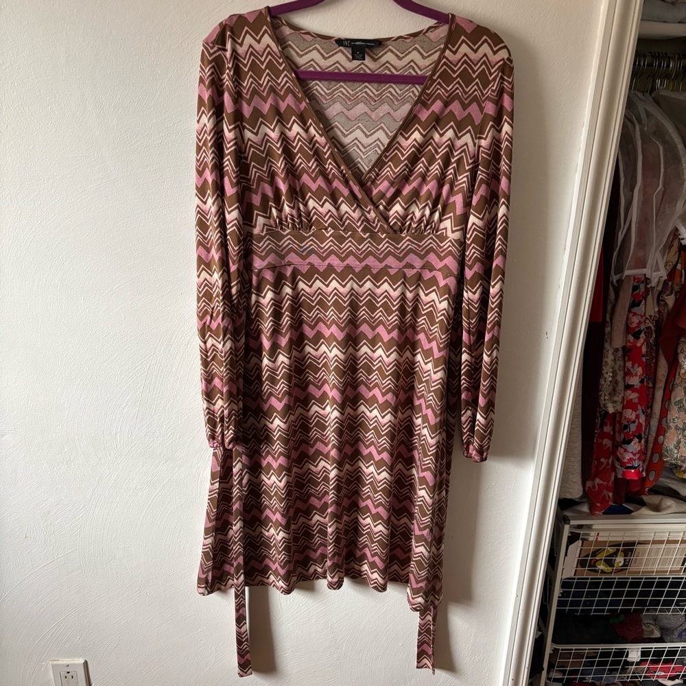 INC Chevron Patterned Pink and Brown Dress 100% Silk